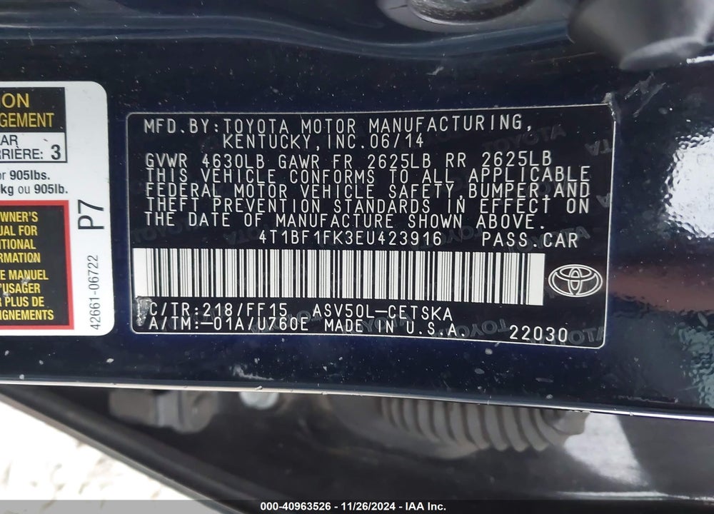 2014 TOYOTA CAMRY VIN: 4T1BF1FK3EU423916