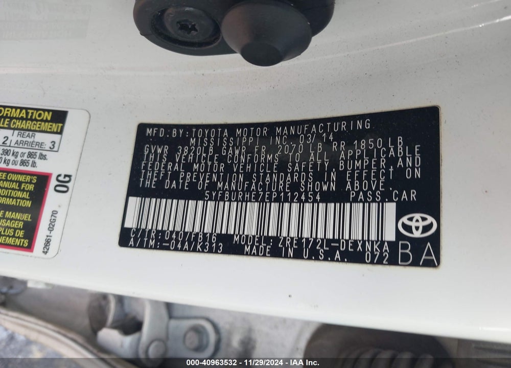 2014 TOYOTA COROLLA LE VIN: 5YFBURHE7EP112454