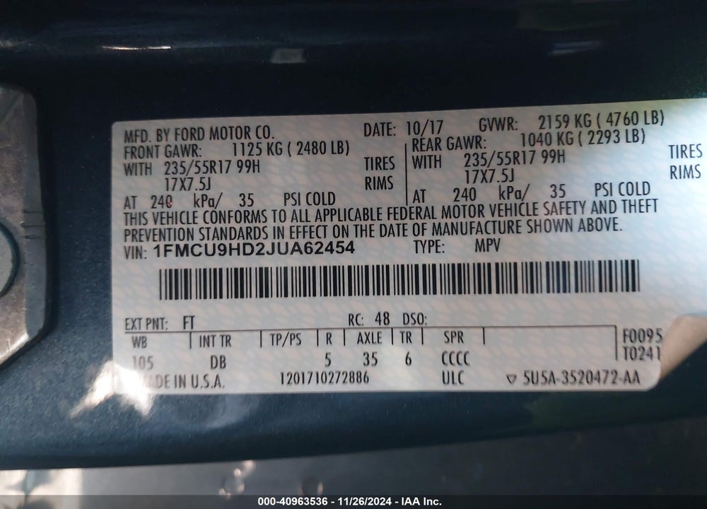 2018 FORD ESCAPE SEL VIN: 1FMCU9HD2JUA62454