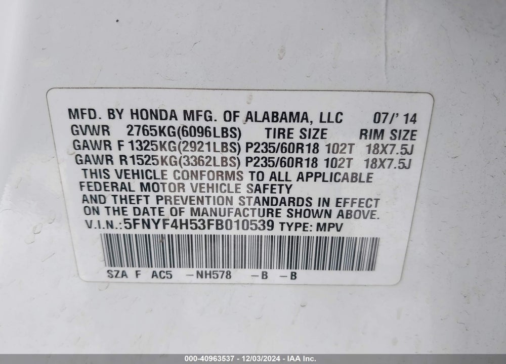 2015 HONDA PILOT EX-L VIN: 5FNYF4H53FB010539