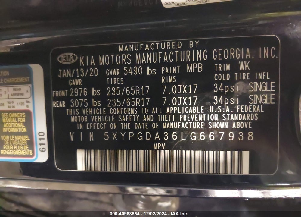 2020 KIA SORENTO 2.4L LX VIN: 5XYPGDA36LG667938
