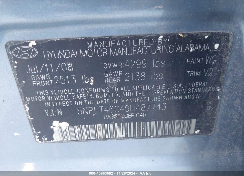 2009 HYUNDAI SONATA VIN: 5NPET46C49H487743
