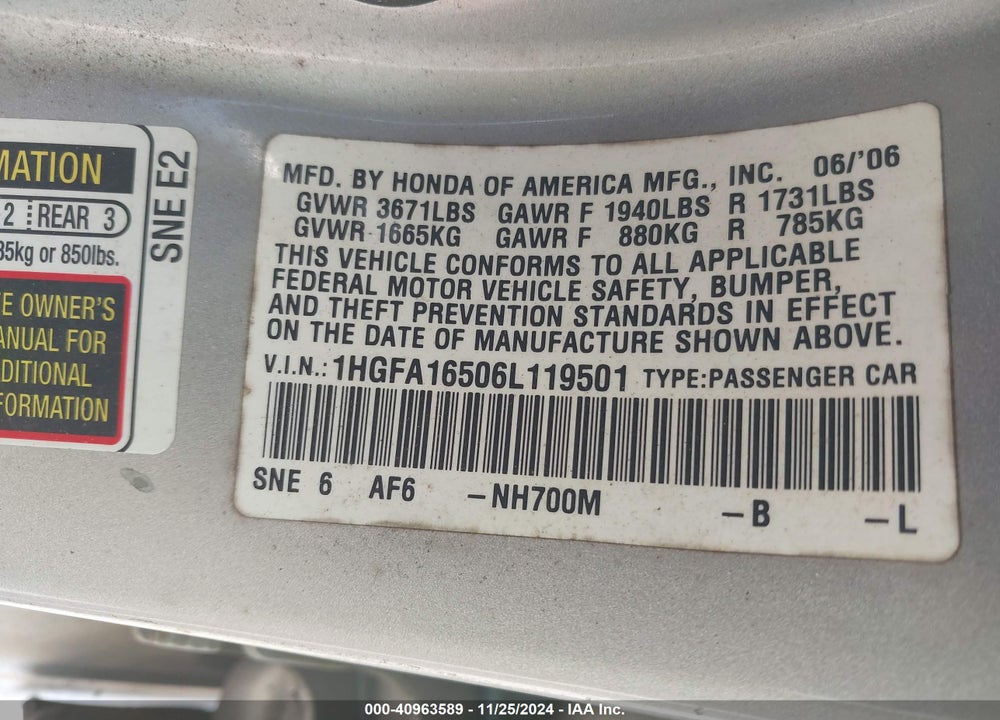 2006 HONDA CIVIC LX VIN: 1HGFA16506L119501
