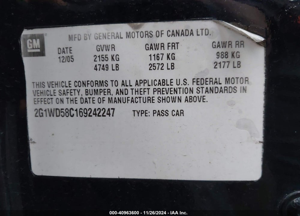 2006 CHEVROLET IMPALA  SS VIN: 2G1WD58C169242247