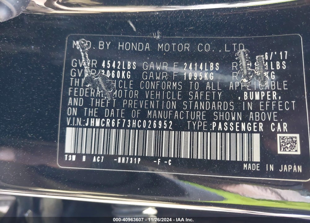 2017 HONDA ACCORD HYBRID TOURING VIN: JHMCR6F73HC026952