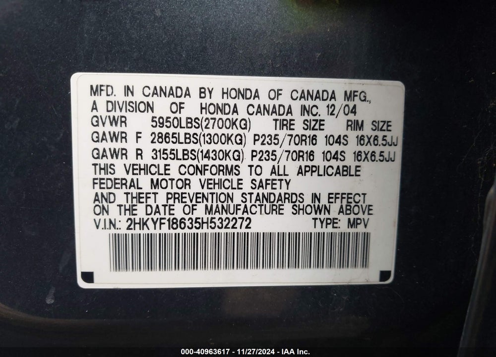 2005 HONDA PILOT EX-L VIN: 2HKYF18635H532272