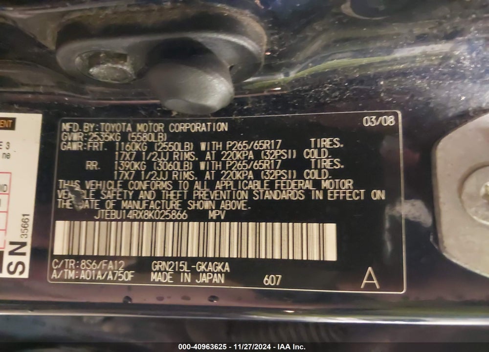2008 TOYOTA 4RUNNER SR5 V6 VIN: JTEBU14RX8K025866