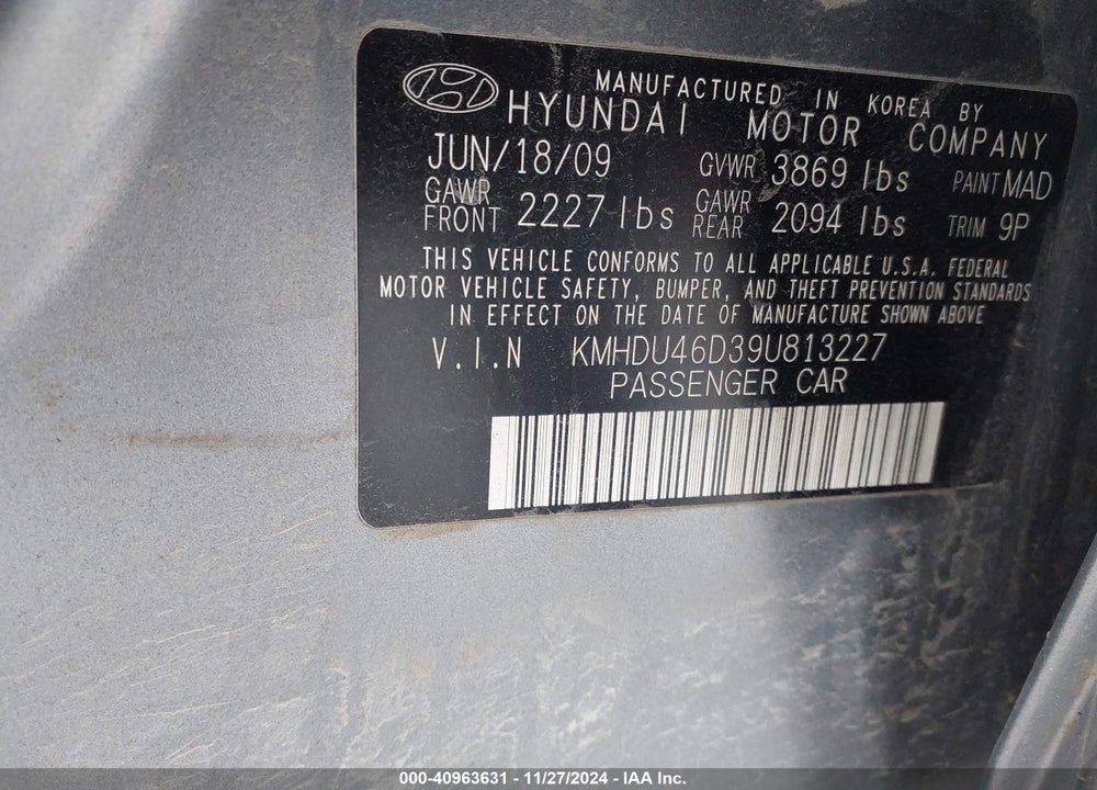 2009 HYUNDAI ELANTRA SE VIN: KMHDU46D39U813227