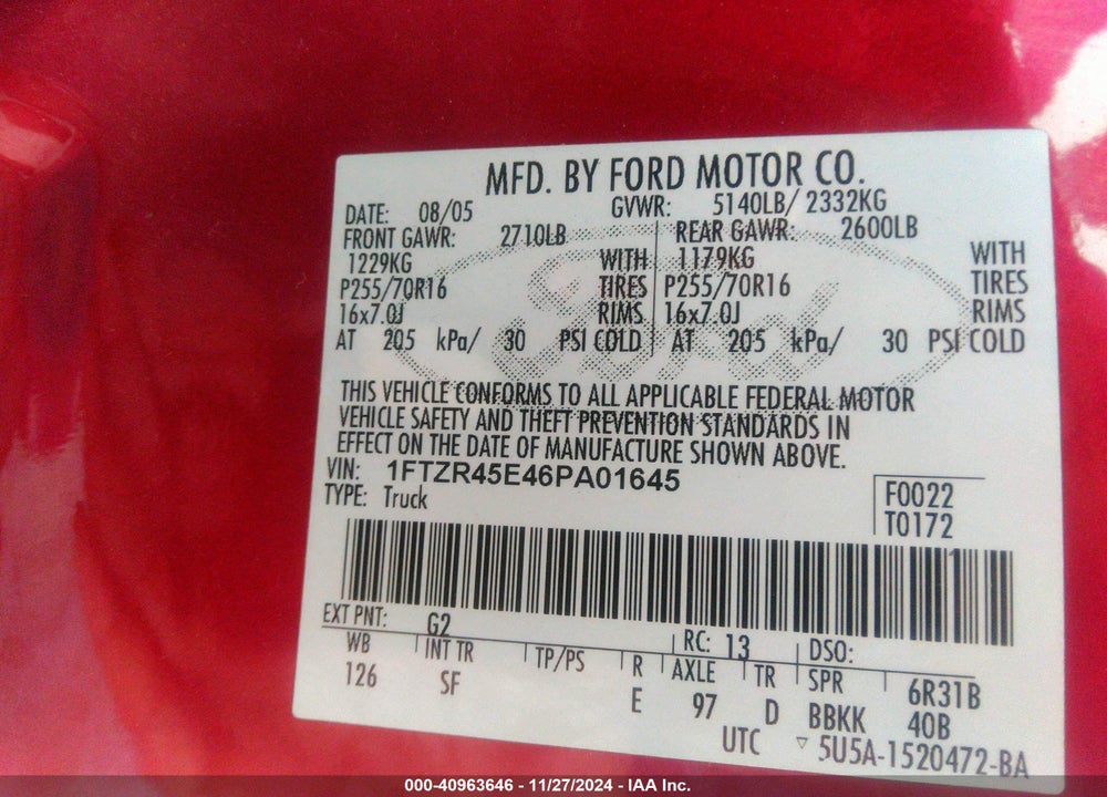2006 FORD RANGER FX4 LEVEL II/FX4 OFF-ROAD/SPORT/XLT VIN: 1FTZR45E46PA01645