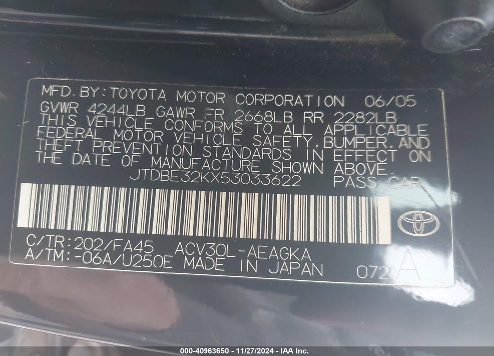 2005 TOYOTA CAMRY XLE VIN: JTDBE32KX53033622