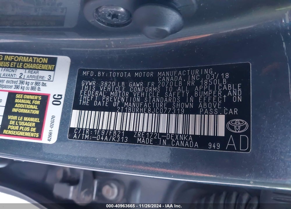 2018 TOYOTA COROLLA LE VIN: 2T1BURHE8JC077319