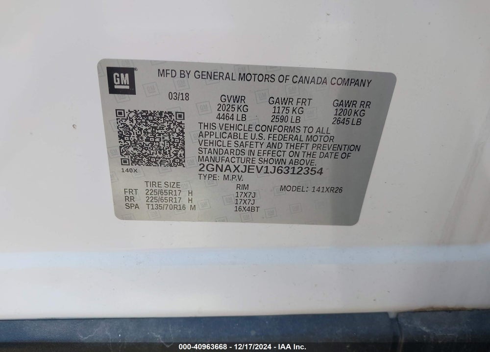 2018 CHEVROLET EQUINOX LT VIN: 2GNAXJEV1J6312354