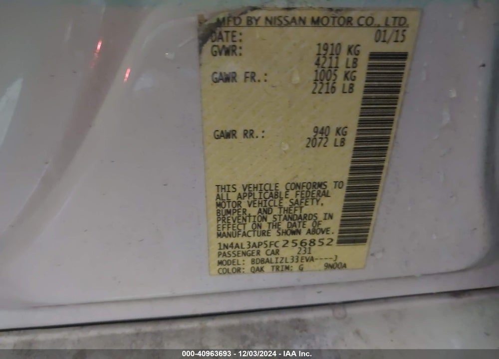 2015 NISSAN ALTIMA 2.5 SV VIN: 1N4AL3AP5FC256852
