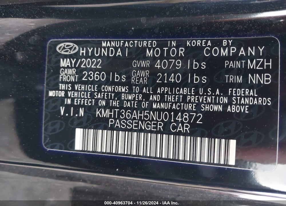 2022 HYUNDAI VELOSTER N VIN: KMHT36AH5NU014872