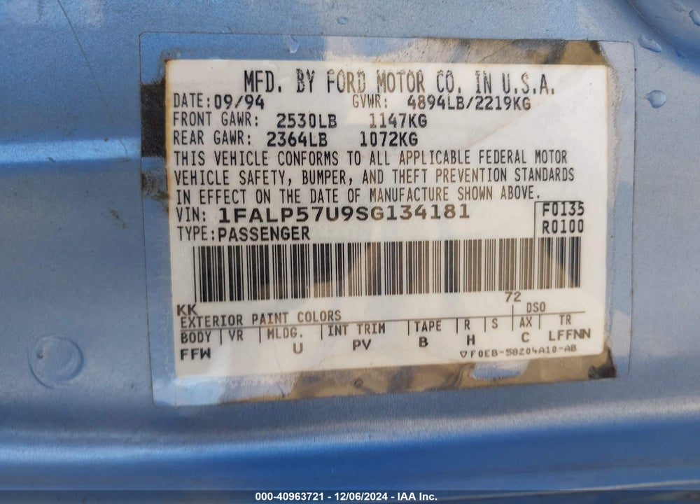 1995 FORD TAURUS GL VIN: 1FALP57U9SG134181