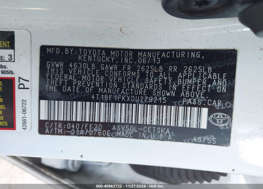 2013 TOYOTA CAMRY SE VIN: 4T1BF1FKXDU279215