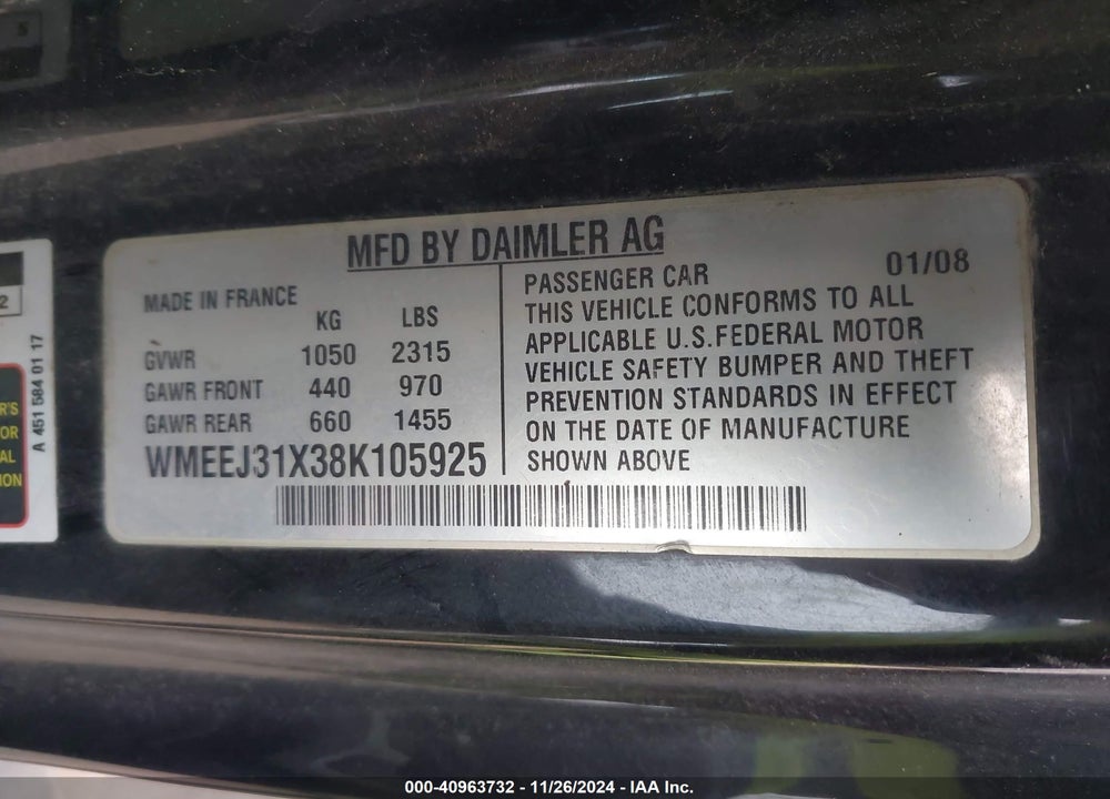 2008 SMART FORTWO PASSION/PURE VIN: WMEEJ31X38K105925