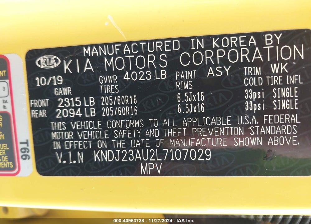 2020 KIA SOUL !/+/S VIN: KNDJ23AU2L7107029