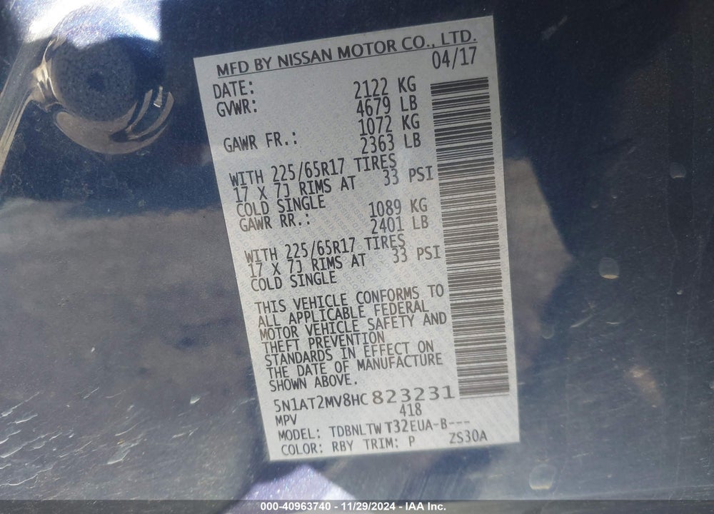 2017 NISSAN ROGUE SV VIN: 5N1AT2MV8HC823231