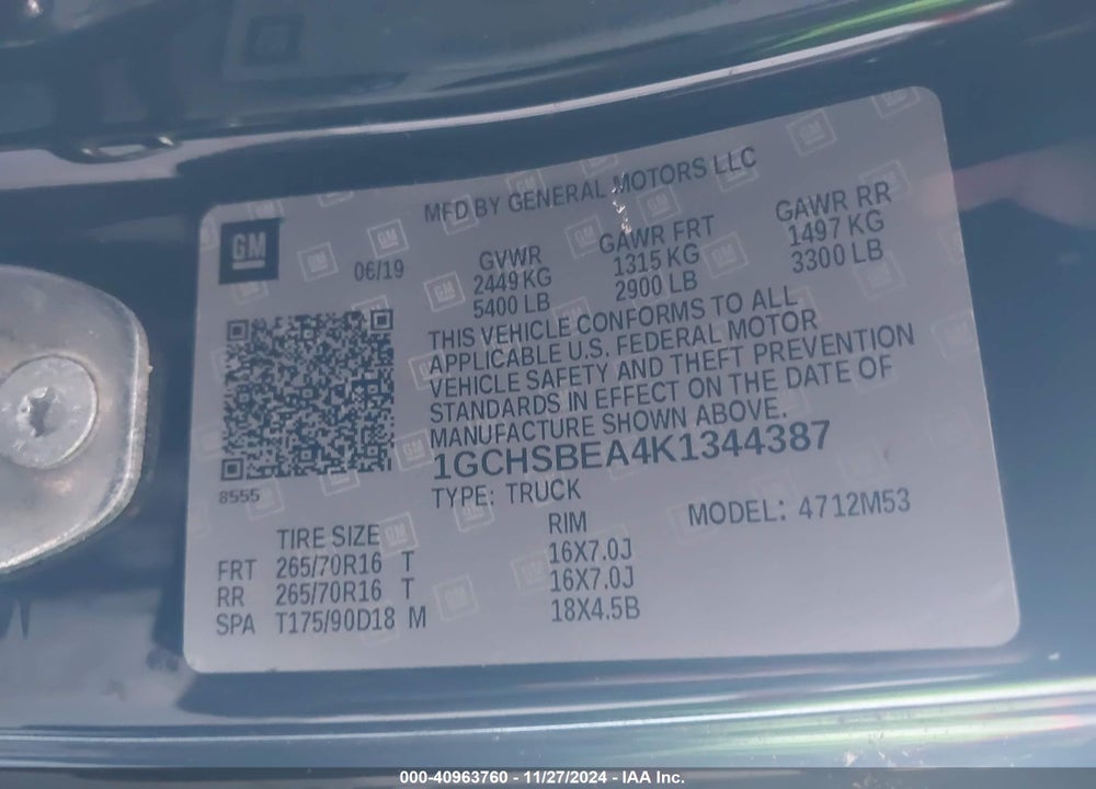 2019 CHEVROLET COLORADO WT VIN: 1GCHSBEA4K1344387
