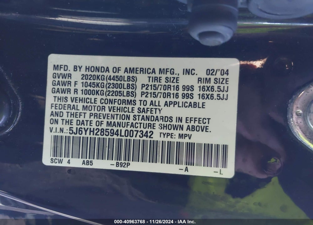 2004 HONDA ELEMENT EX VIN: 5J6YH28594L007342
