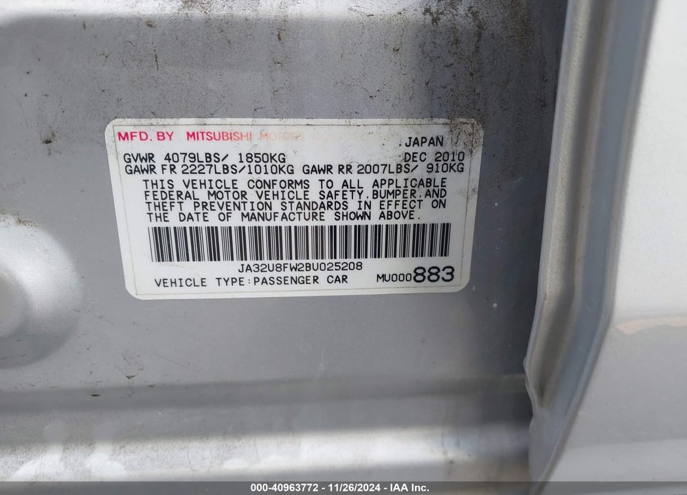 2011 MITSUBISHI LANCER GTS VIN: JA32U8FW2BU025208