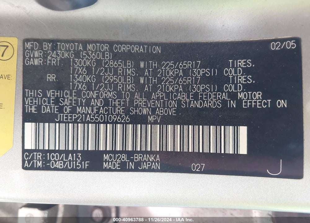 2005 TOYOTA HIGHLANDER LIMITED V6 VIN: JTEEP21A550109626