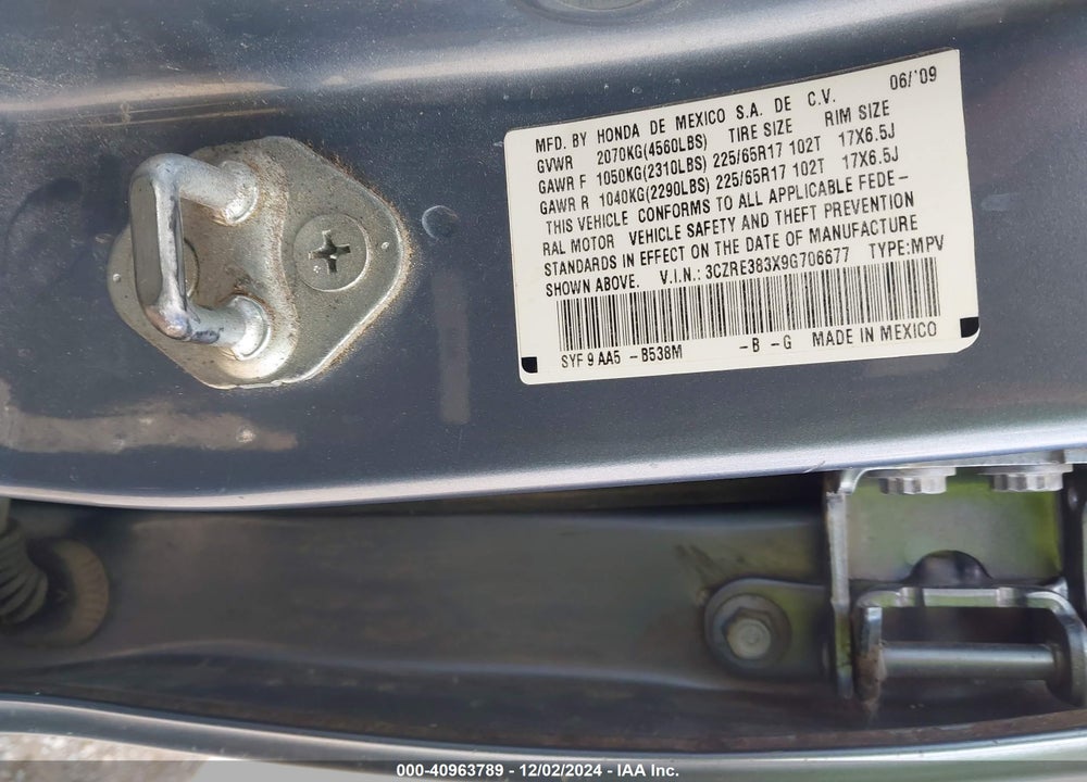 2009 HONDA CR-V LX VIN: 3CZRE383X9G706677