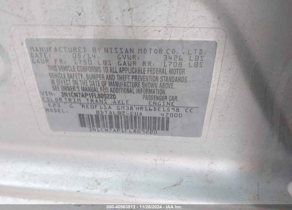 2015 NISSAN VERSA 1.6 SV VIN: 3N1CN7AP1FL809220