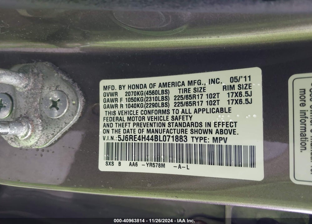 2011 HONDA CR-V SE VIN: 5J6RE4H44BL071883