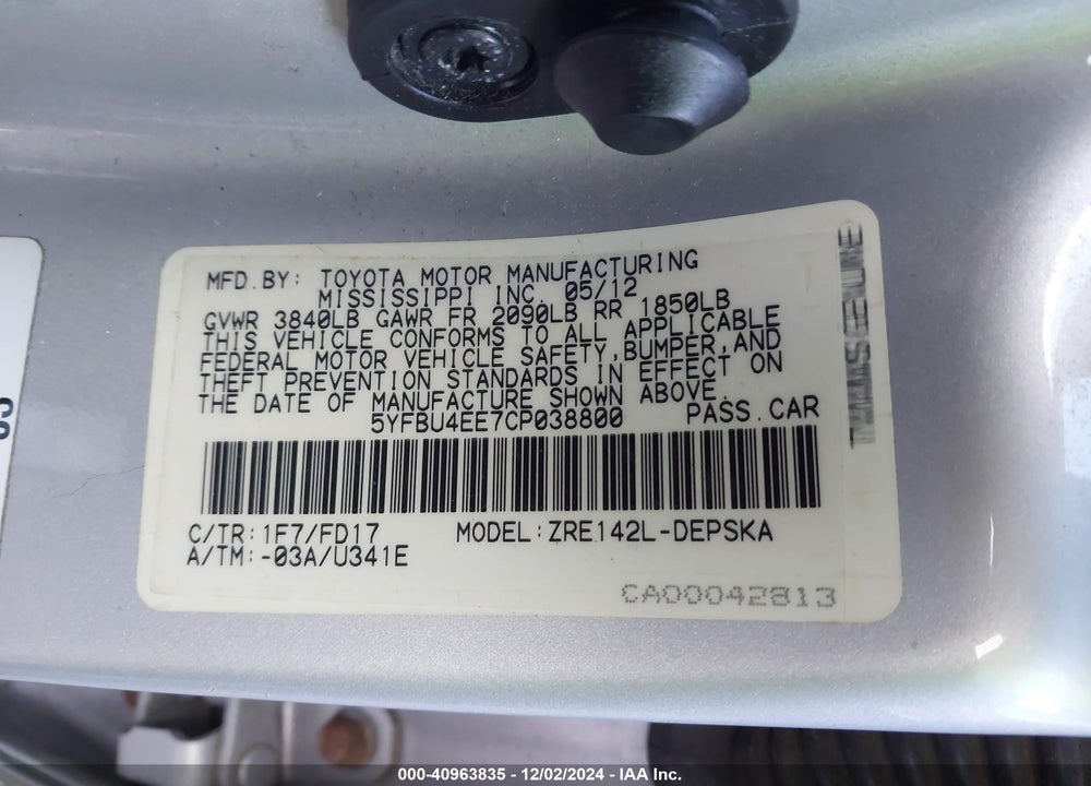 2012 TOYOTA COROLLA S VIN: 5YFBU4EE7CP038800