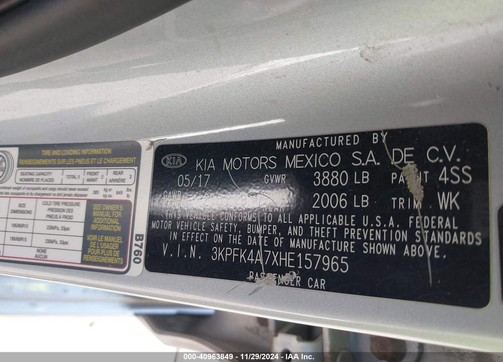 2017 KIA FORTE LX VIN: 3KPFK4A7XHE157965