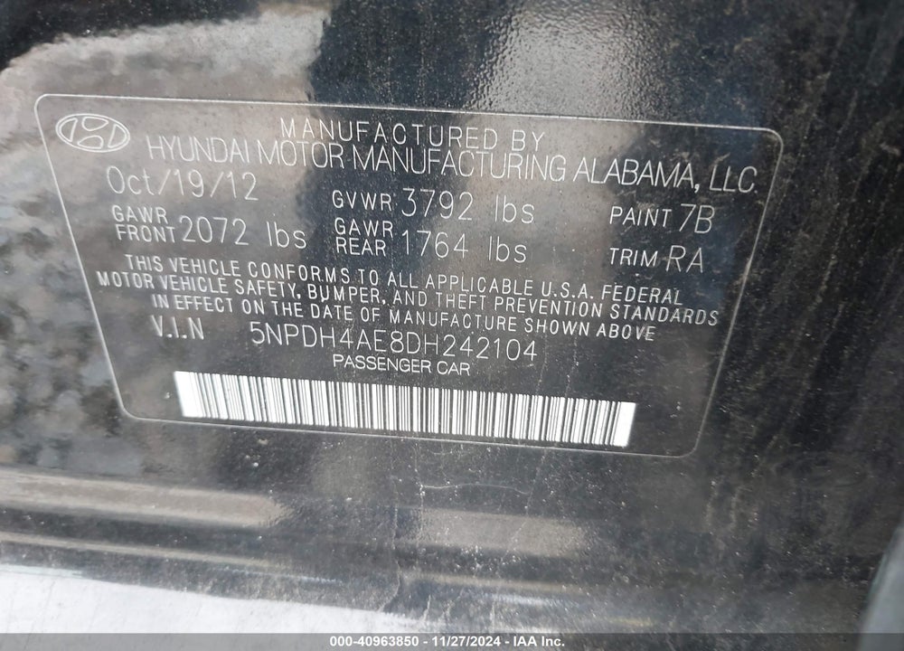 2013 HYUNDAI ELANTRA GLS VIN: 5NPDH4AE8DH242104