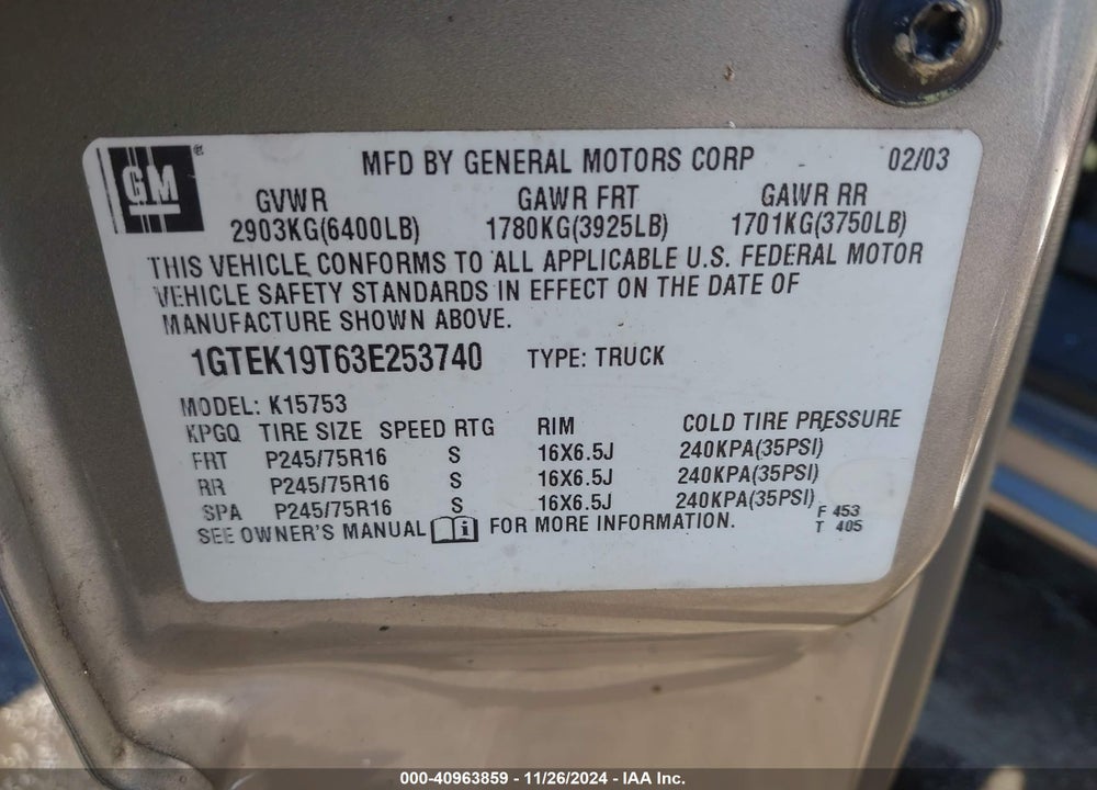 2003 GMC SIERRA 1500 SLE VIN: 1GTEK19T63E253740