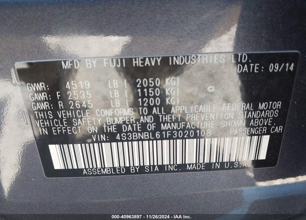 2015 SUBARU LEGACY VIN: 4S3BNBL61F3020108