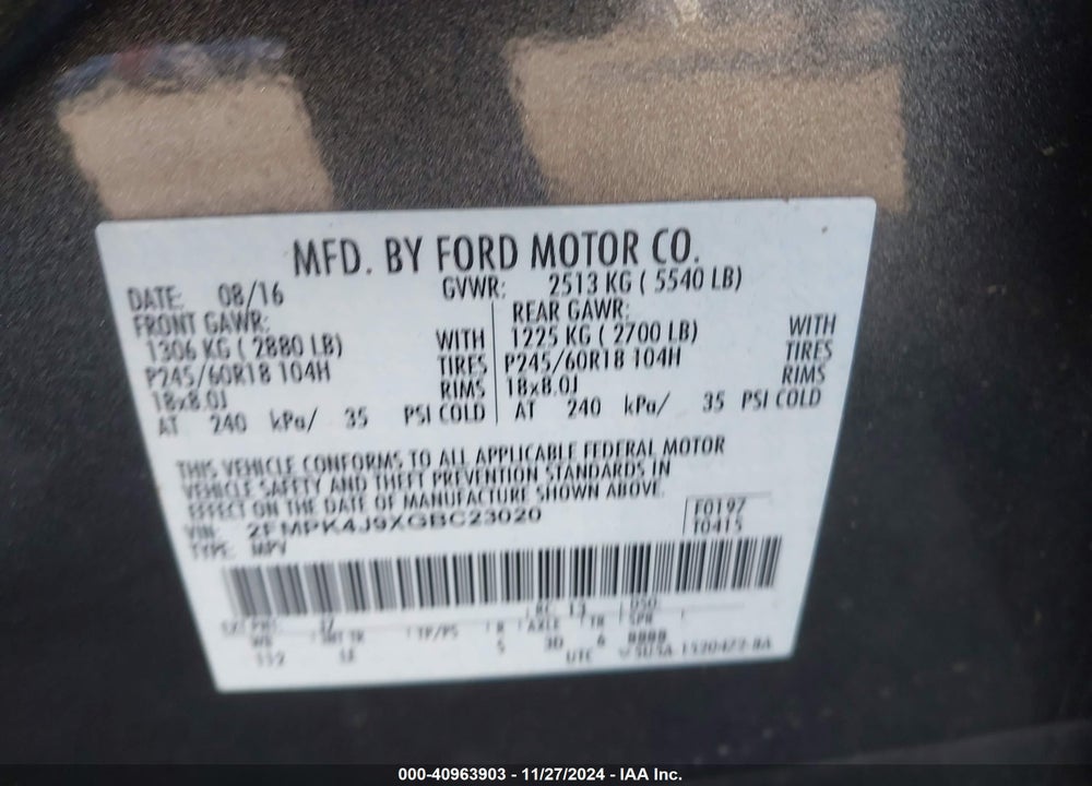 2016 FORD EDGE SEL VIN: 2FMPK4J9XGBC23020
