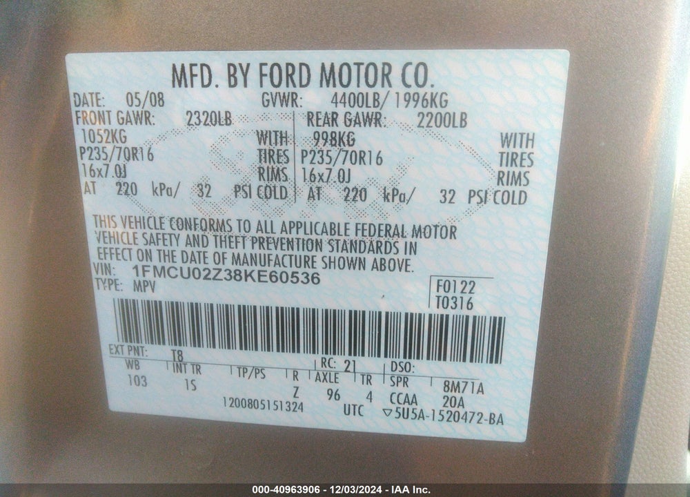 2008 FORD ESCAPE XLS/XLS MANUAL VIN: 1FMCU02Z38KE60536