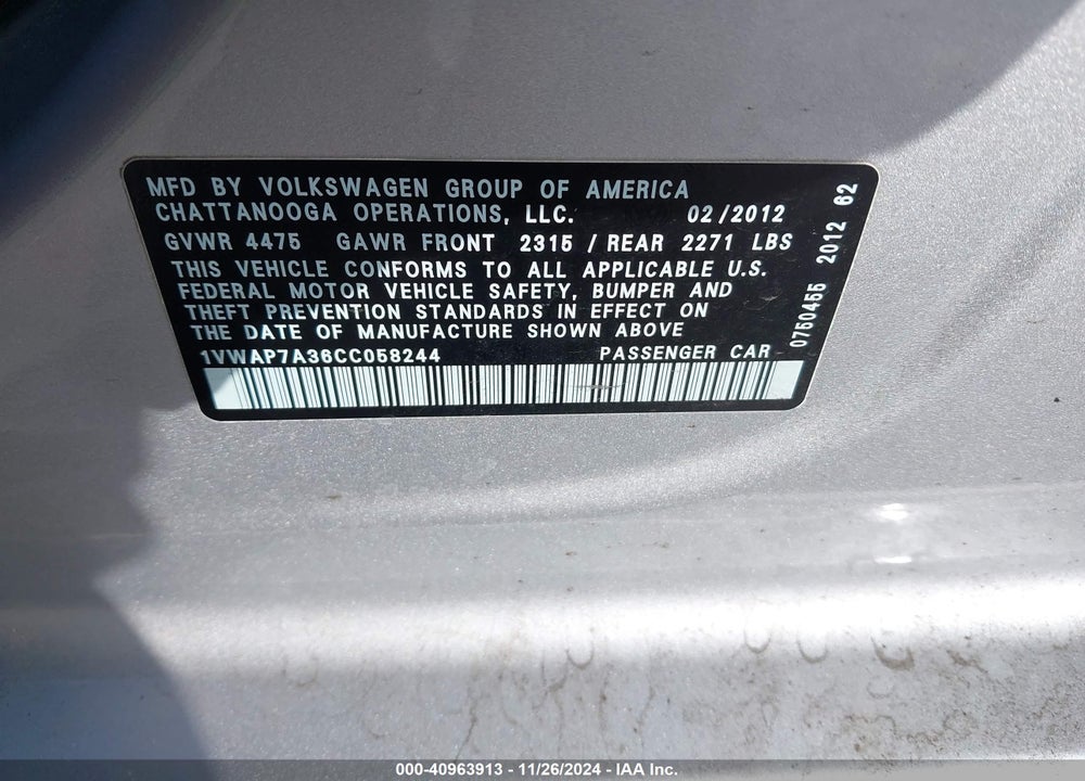 2012 VOLKSWAGEN PASSAT 2.5L S VIN: 1VWAP7A36CC058244
