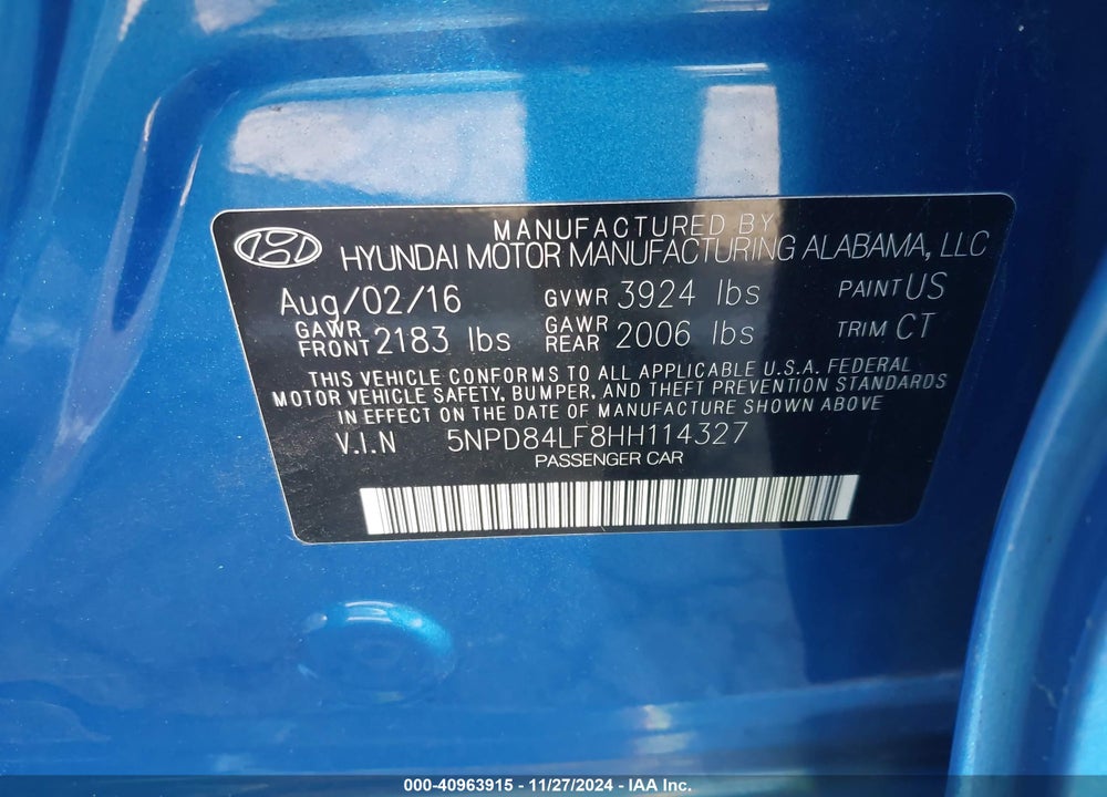 2017 HYUNDAI ELANTRA LIMITED VIN: 5NPD84LF8HH114327