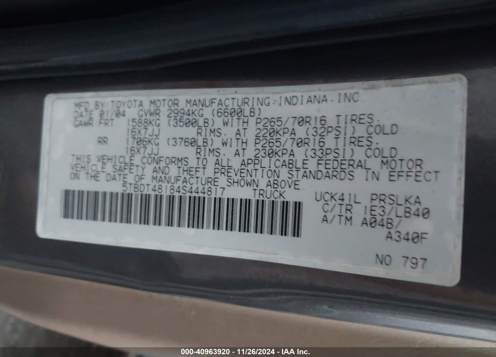 2004 TOYOTA TUNDRA LIMITED V8 VIN: 5TBDT48184S444817