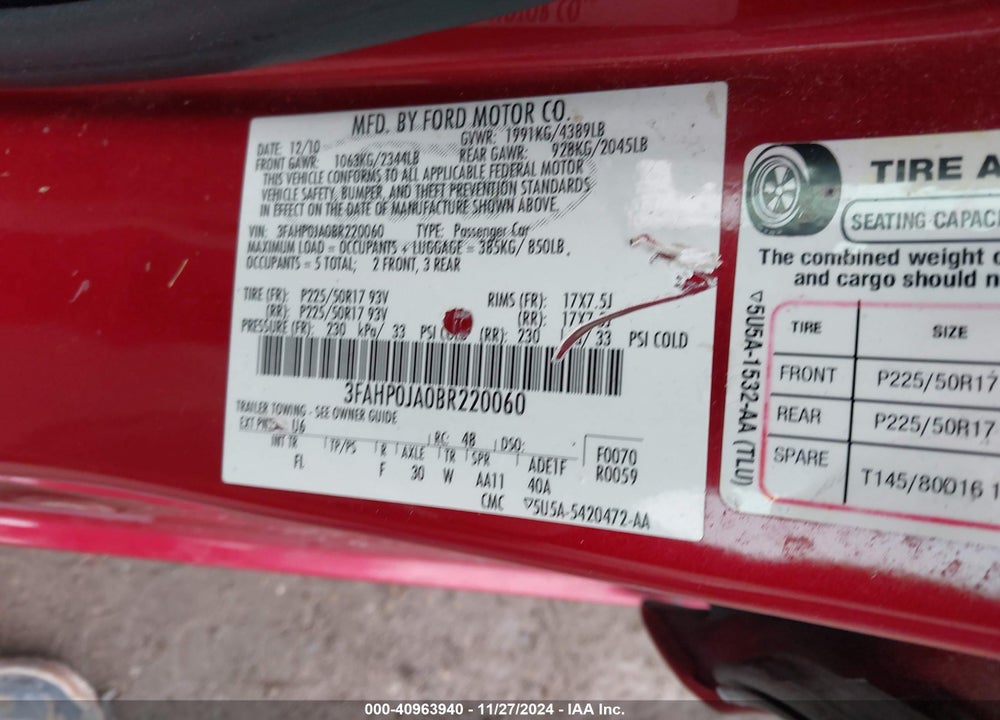2011 FORD FUSION VIN: 3FAHP0JA0BR220060