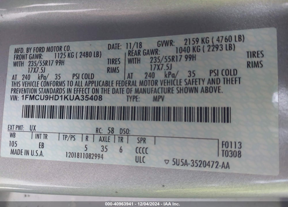 2019 FORD ESCAPE SEL VIN: 1FMCU9HD1KUA35408