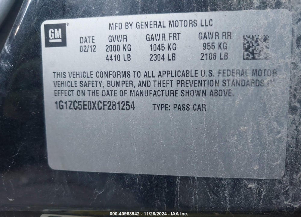 2012 CHEVROLET MALIBU 1LT VIN: 1G1ZC5E0XCF281254