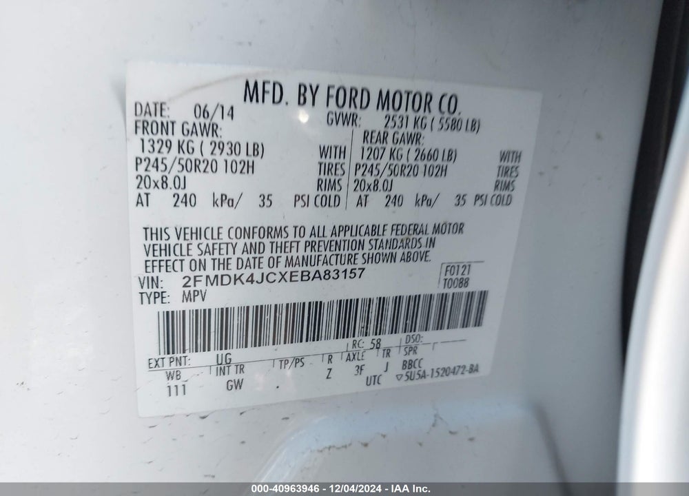 2014 FORD EDGE SEL VIN: 2FMDK4JCXEBA83157