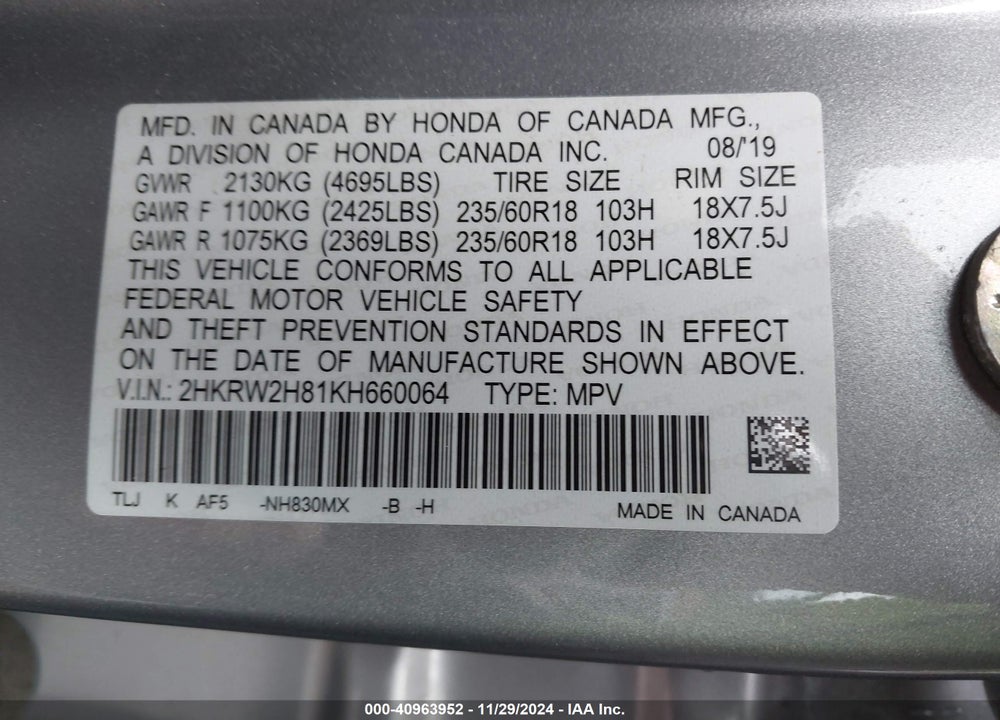2019 HONDA CR-V EX-L VIN: 2HKRW2H81KH660064