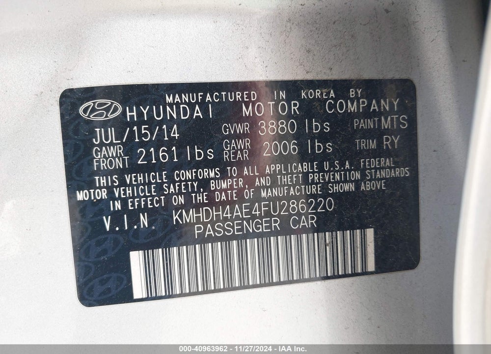 2015 HYUNDAI ELANTRA SE VIN: KMHDH4AE4FU286220