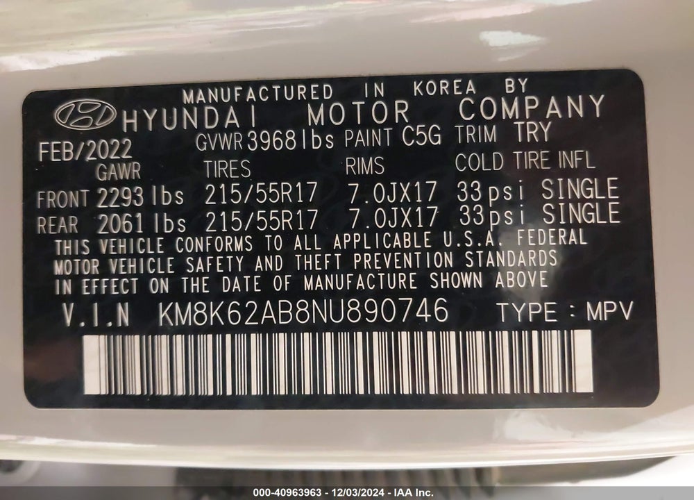 2022 HYUNDAI KONA SEL VIN: KM8K62AB8NU890746