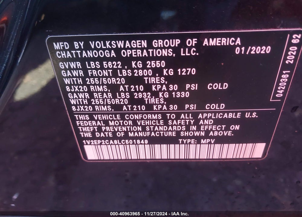 2020 VOLKSWAGEN ATLAS 2.0T SEL VIN: 1V2EP2CA8LC501849