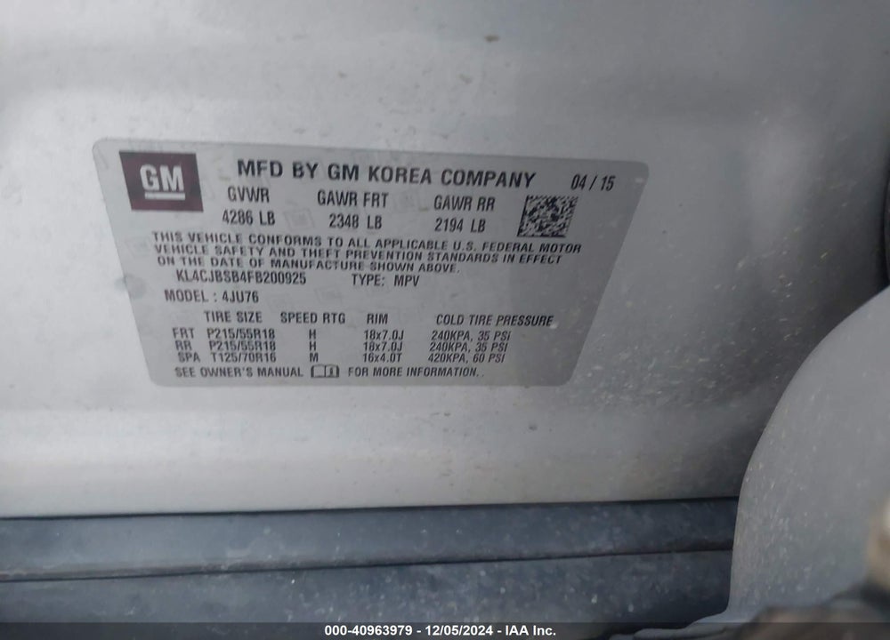 2015 BUICK ENCORE CONVENIENCE VIN: KL4CJBSB4FB200925