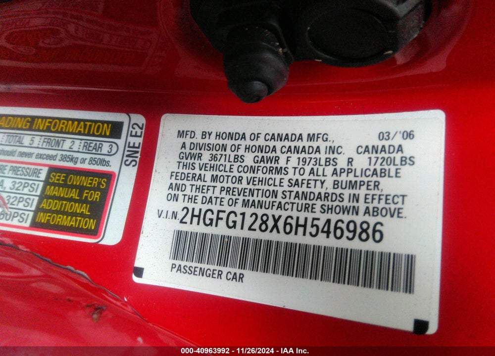 2006 HONDA CIVIC VIN: 2HGFG128X6H546986
